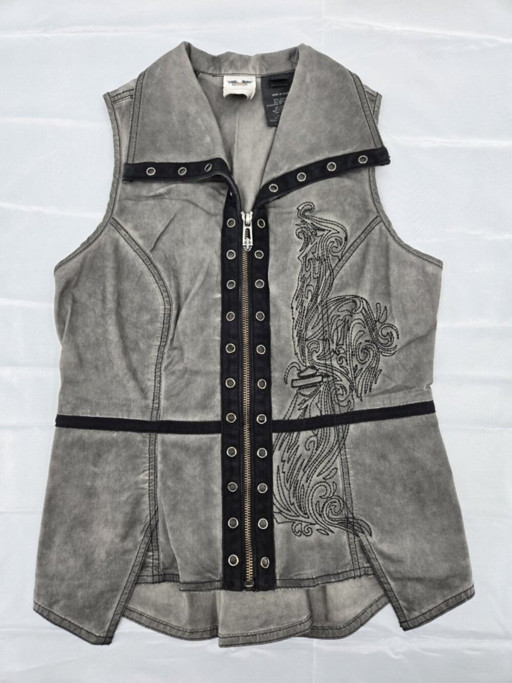 Harley Davidson Womens Small Vest Embroidered Biker Grunge Lace-Up Back Cotton - Picture 2 of 11